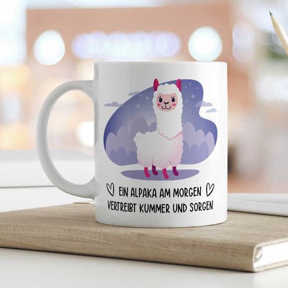 Bedruckte Tasse mit Spruch Alpaka am Morgen