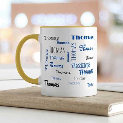 Bedruckte Tasse mit Namen in verschiedenen Schriftarten
