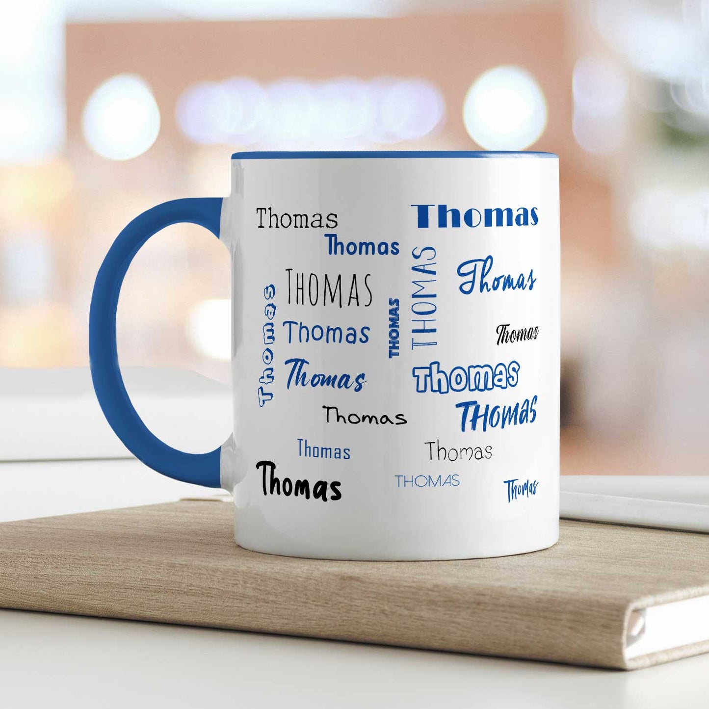 Bedruckte Tasse mit Namen in verschiedenen Schriftarten
