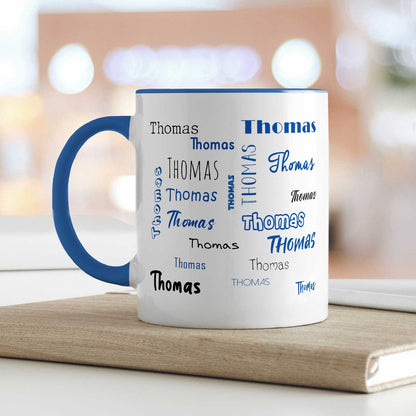 Bedruckte Tasse mit Namen in verschiedenen Schriftarten