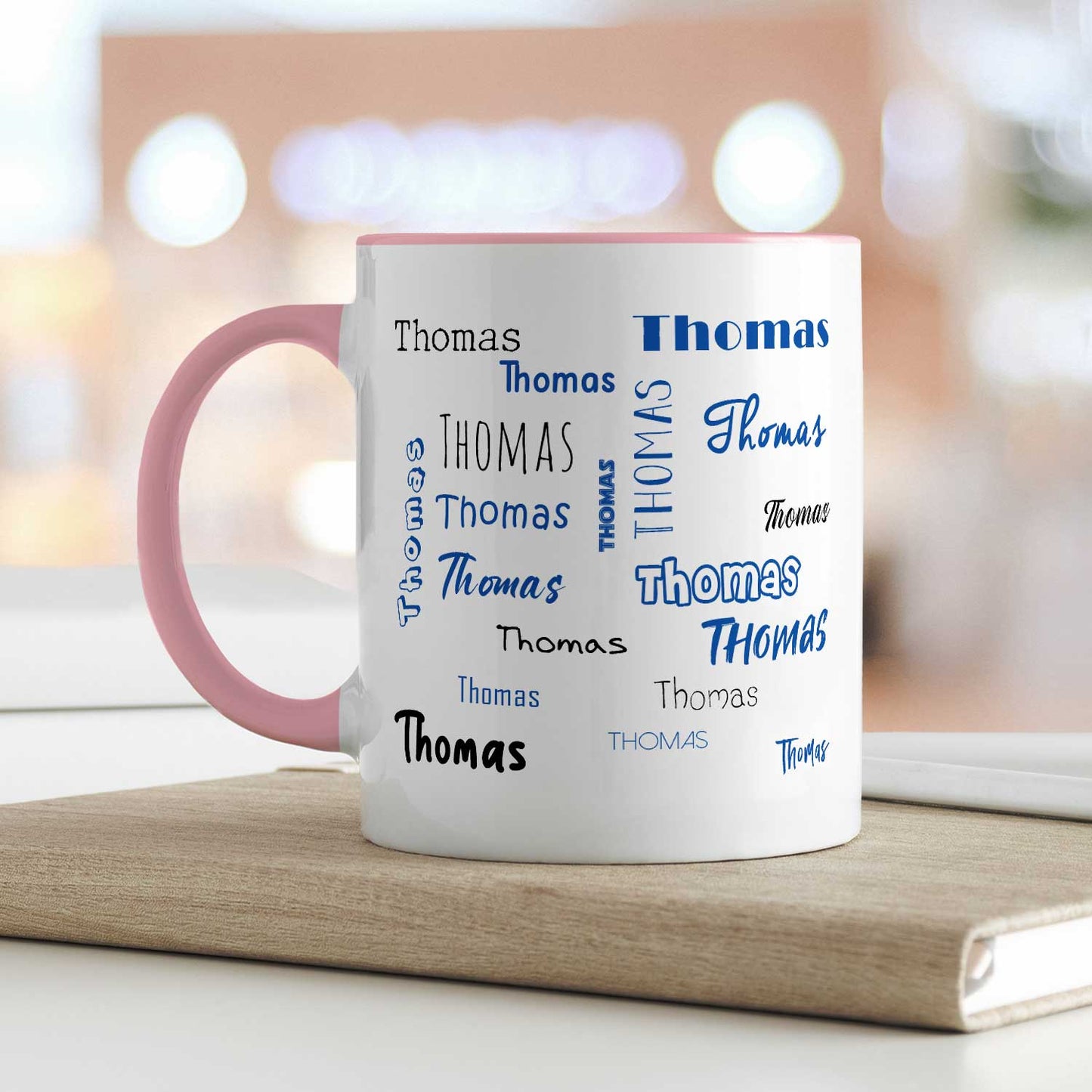 Bedruckte Tasse mit Namen in verschiedenen Schriftarten