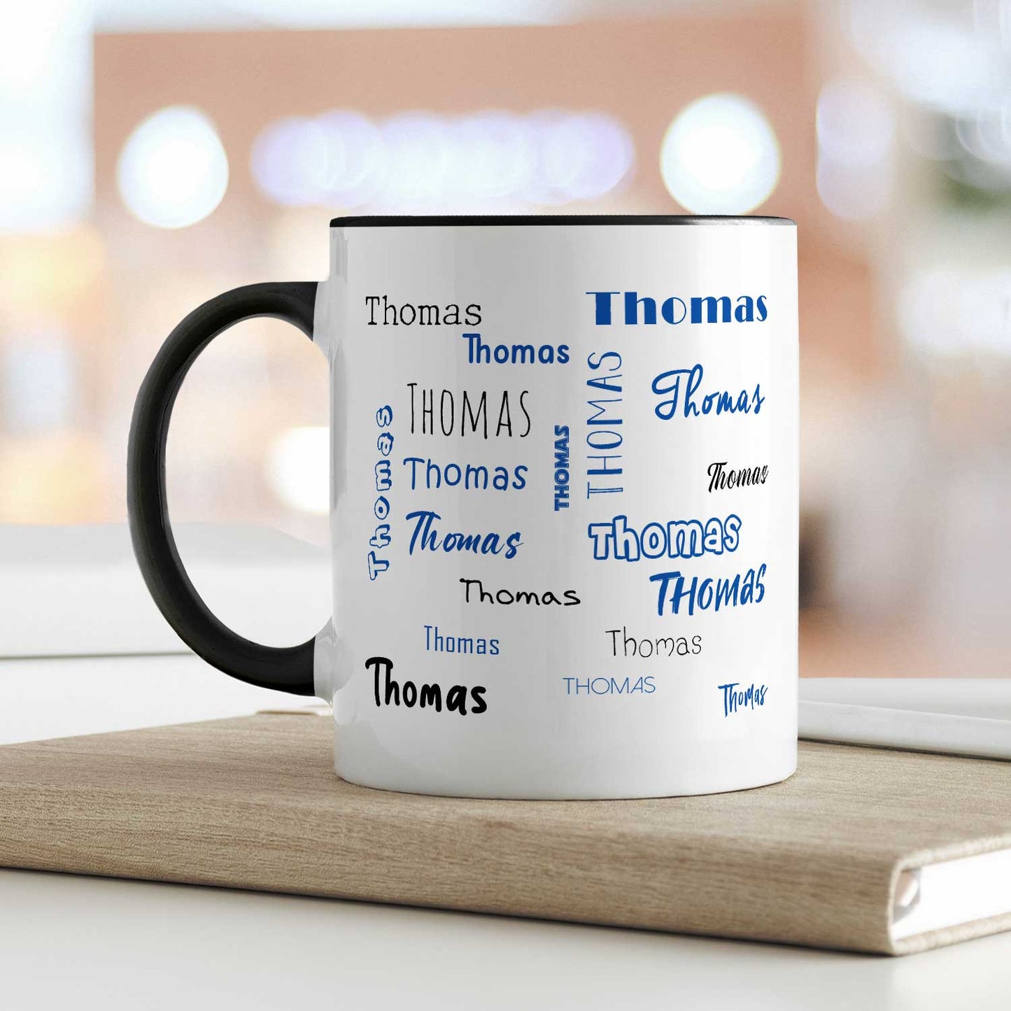 Bedruckte Tasse mit Namen in verschiedenen Schriftarten