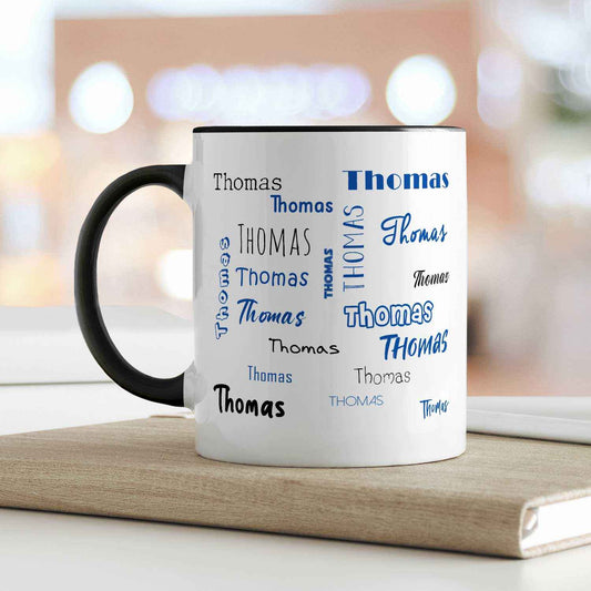 Bedruckte Tasse mit Namen in verschiedenen Schriftarten
