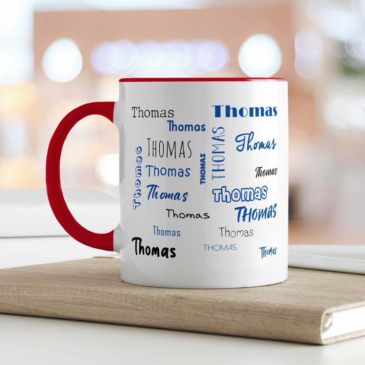 Bedruckte Tasse mit Namen in verschiedenen Schriftarten