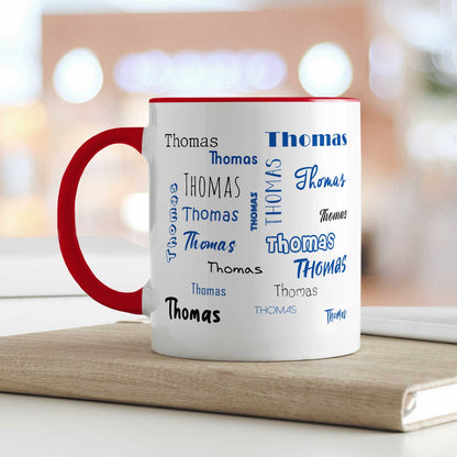 Bedruckte Tasse mit Namen in verschiedenen Schriftarten