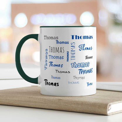 Bedruckte Tasse mit Namen in verschiedenen Schriftarten