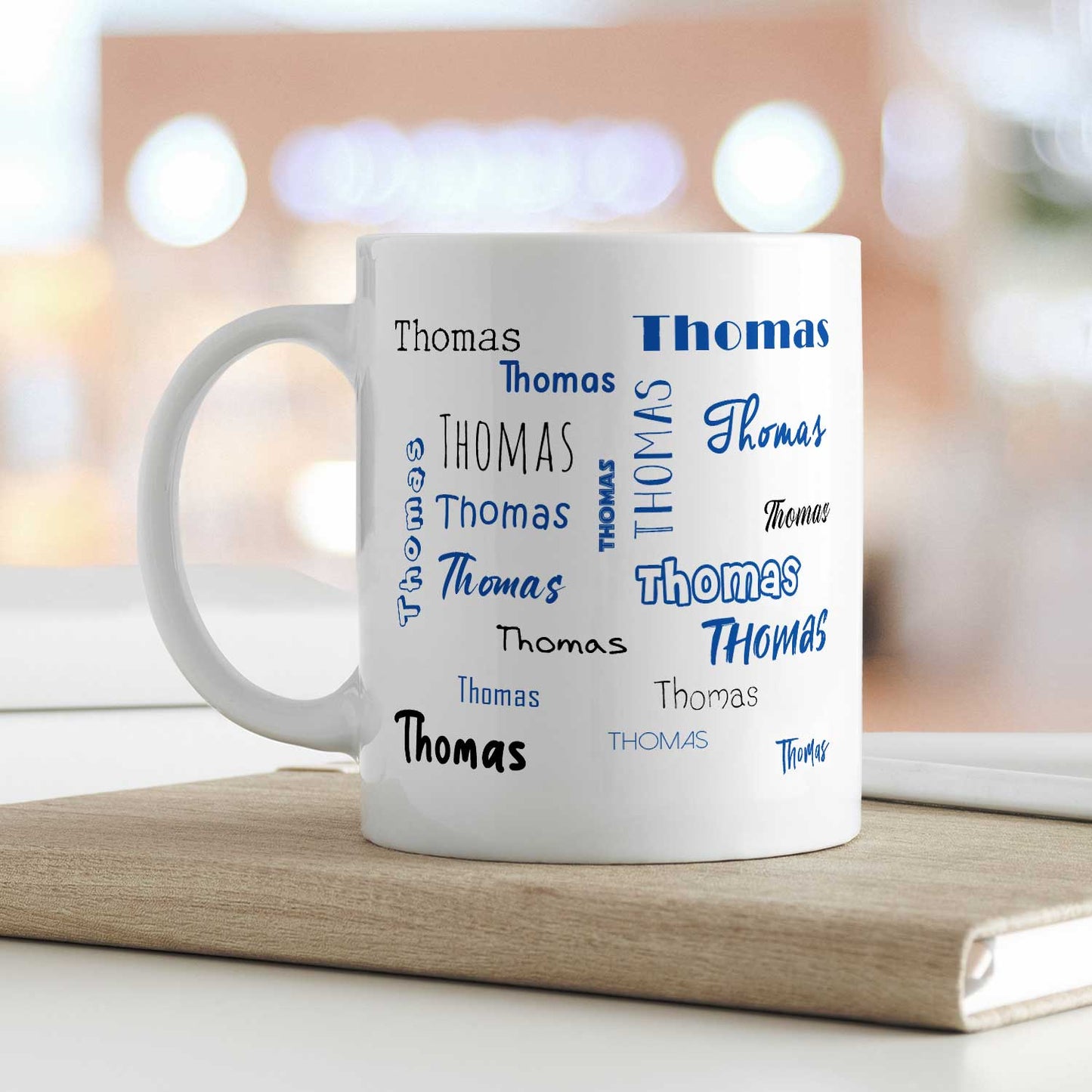Bedruckte Tasse mit Namen in verschiedenen Schriftarten