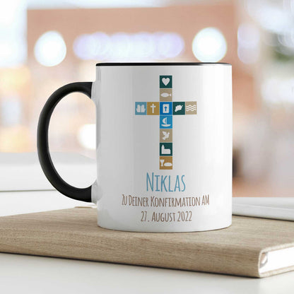Bedruckte Tasse mit Motiv - Zur Konfirmation V2 mit Name & Datum