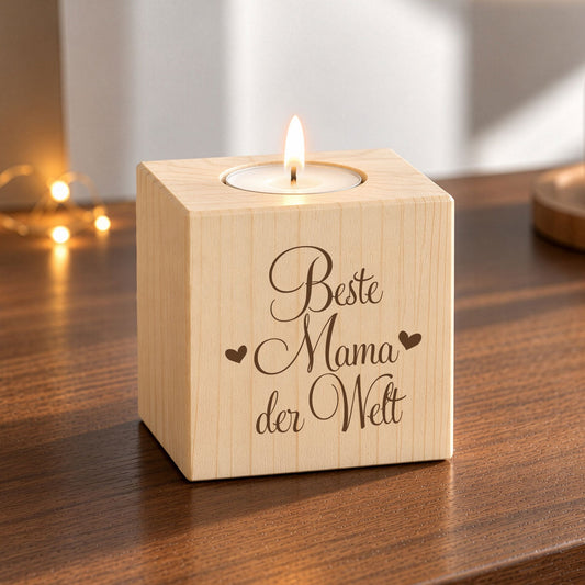 Teelichthalter mit Gravur aus Holz für Mama - Beste Mama der Welt - Persönliches Geschenk für