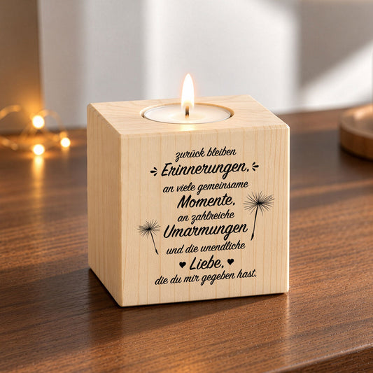 Trauerlicht - Teelichthalter mit Gravur aus Holz - Grabschmuck