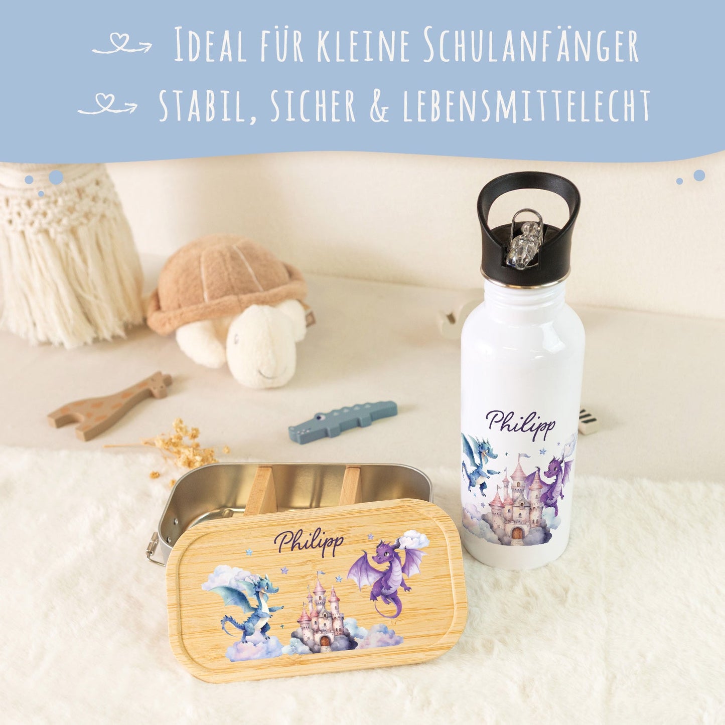Bedruckte Brotdose & Trinkflasche im Set - Drache