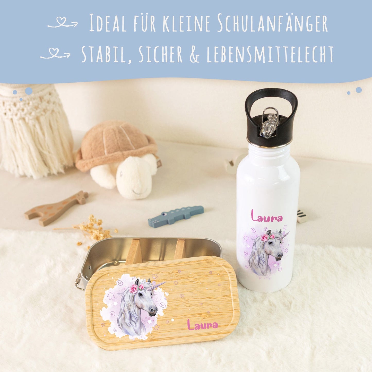 Bedruckte Brotdose & Trinkflasche im Set - Einhorn