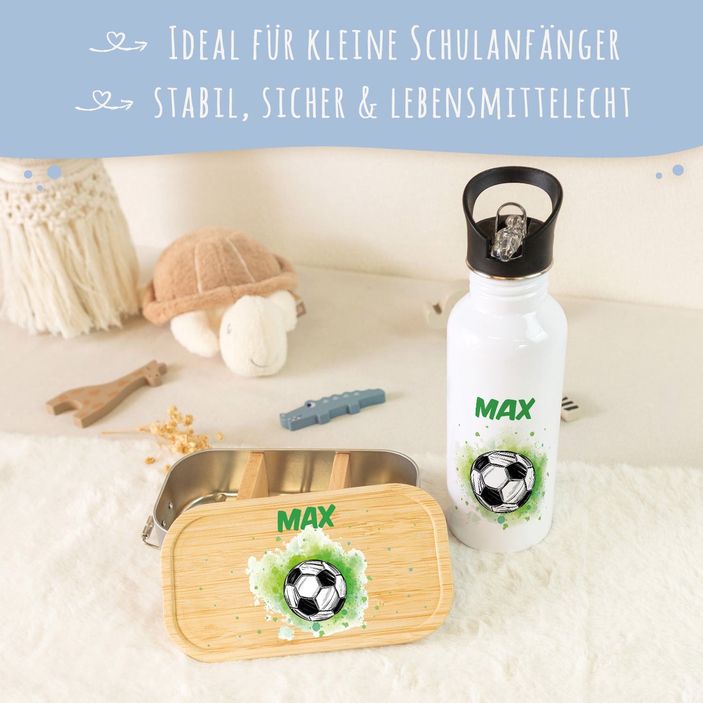 Bedruckte Brotdose & Trinkflasche im Set - Fussball