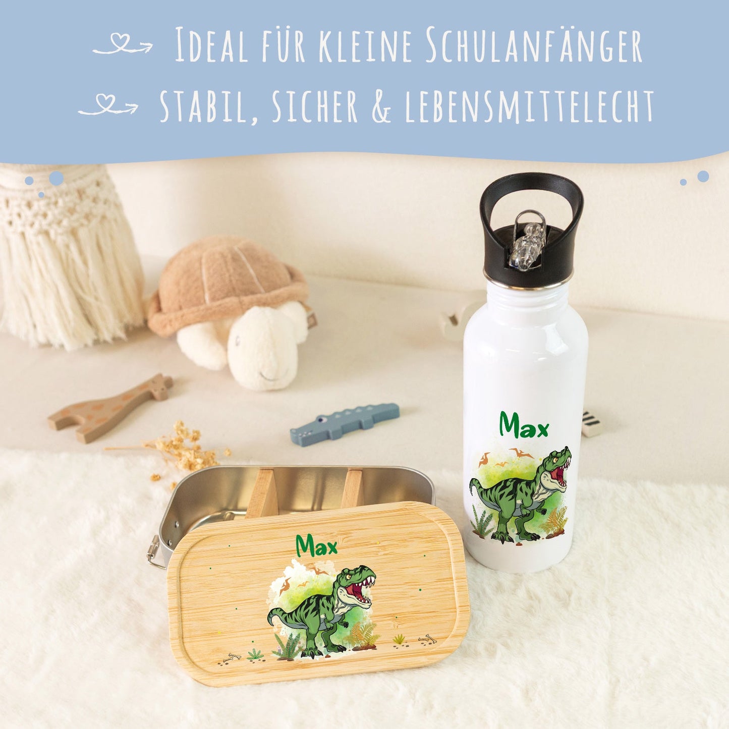 Bedruckte Brotdose & Trinkflasche im Set - T-Rex