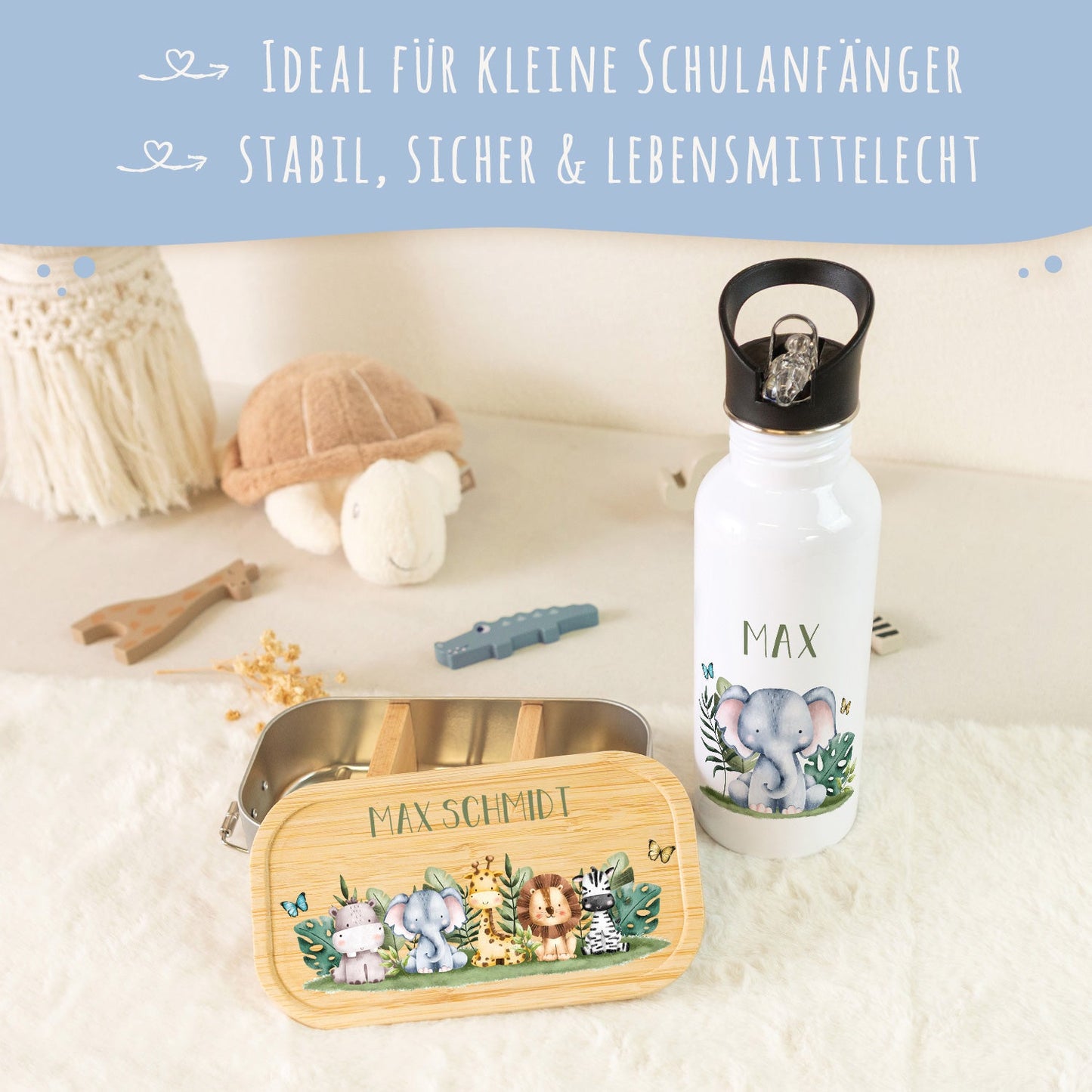 Bedruckte Brotdose & Trinkflasche im Set - Tiergruppe
