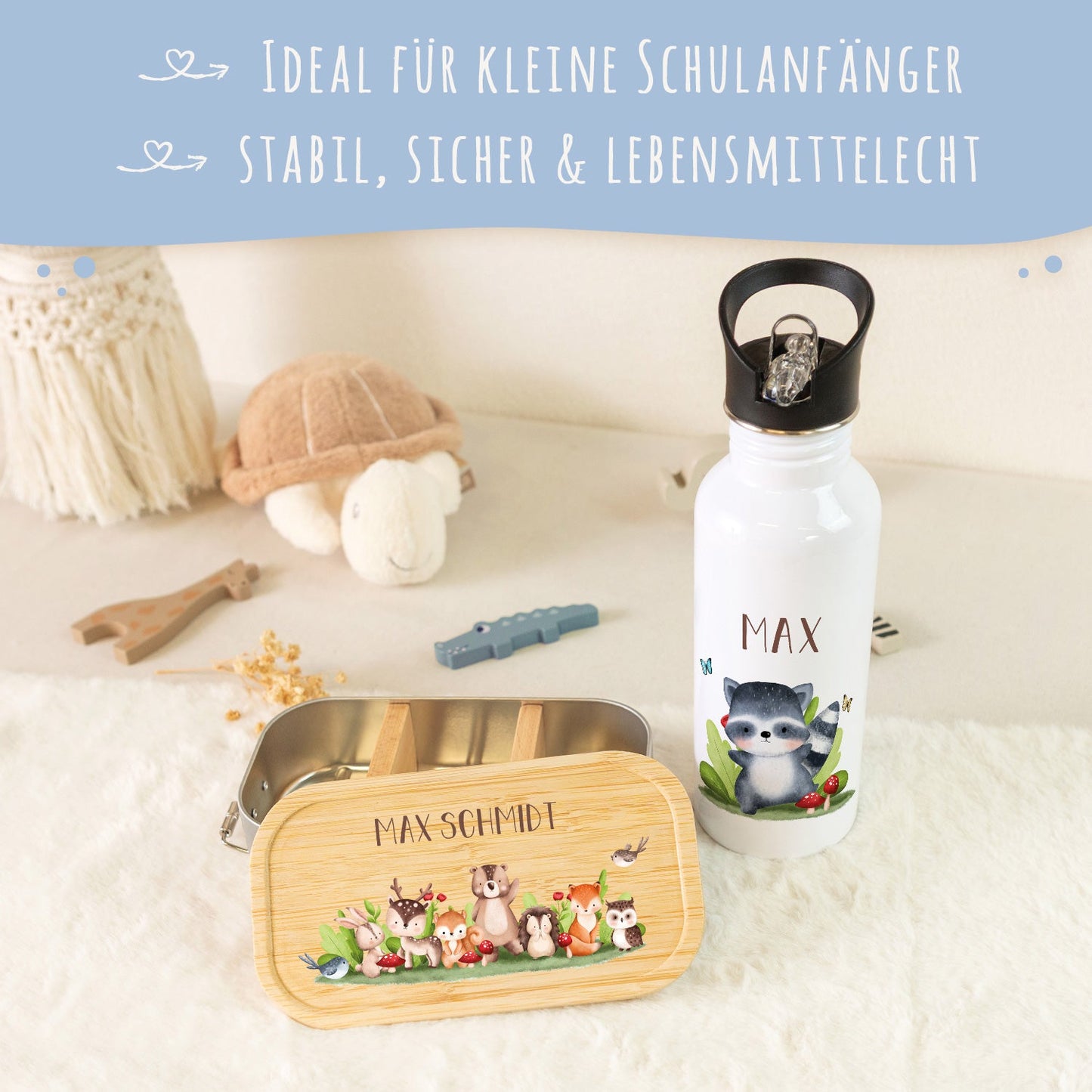 Bedruckte Brotdose & Trinkflasche im Set - Tiergruppe