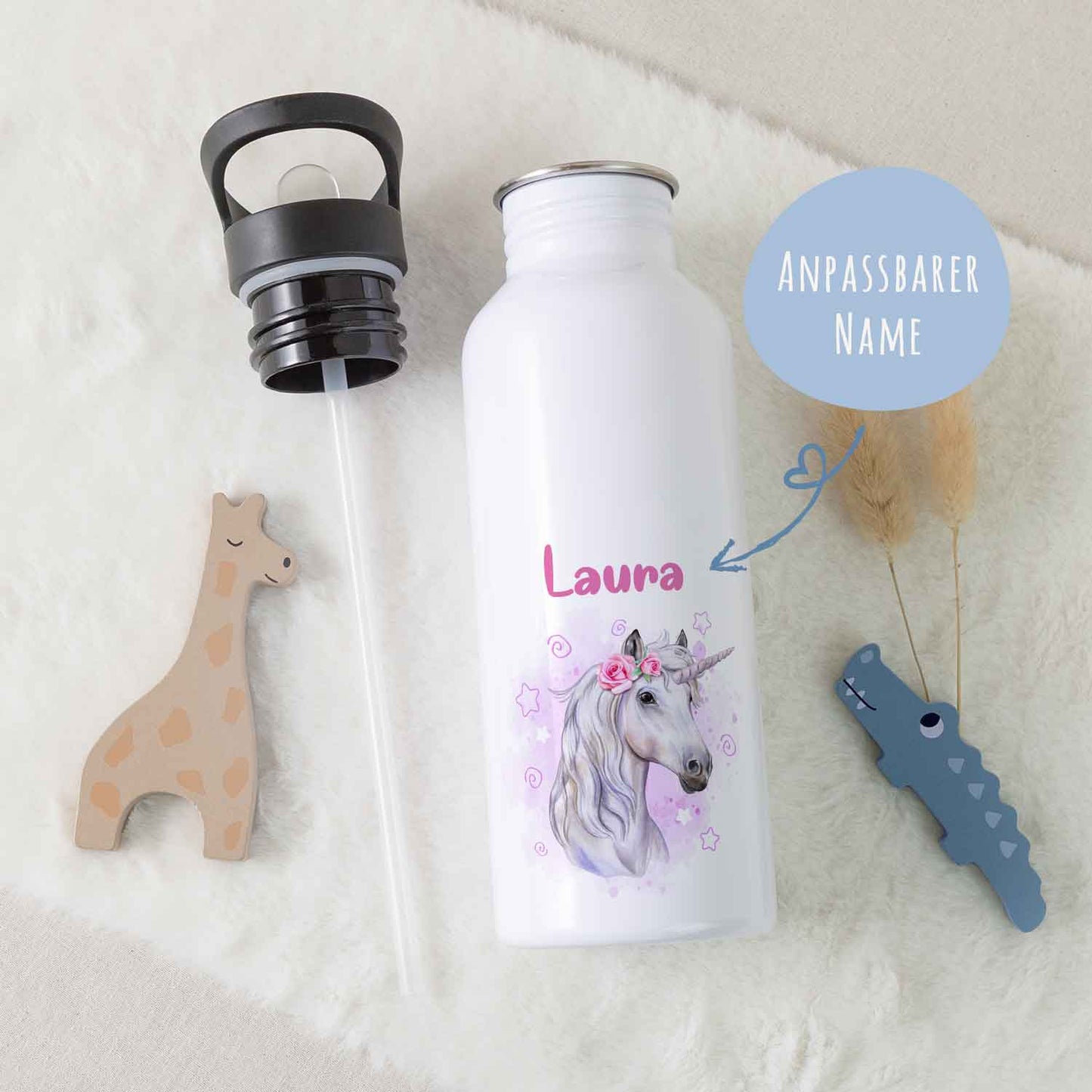 Bedruckte Trinkflasche aus Edelstahl - Einhorn