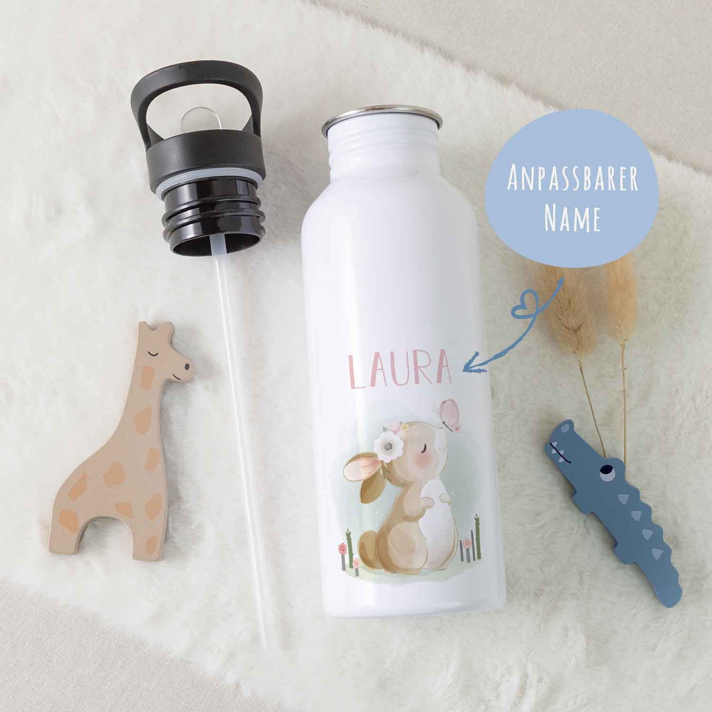 Bedruckte Trinkflasche aus Edelstahl - Hase