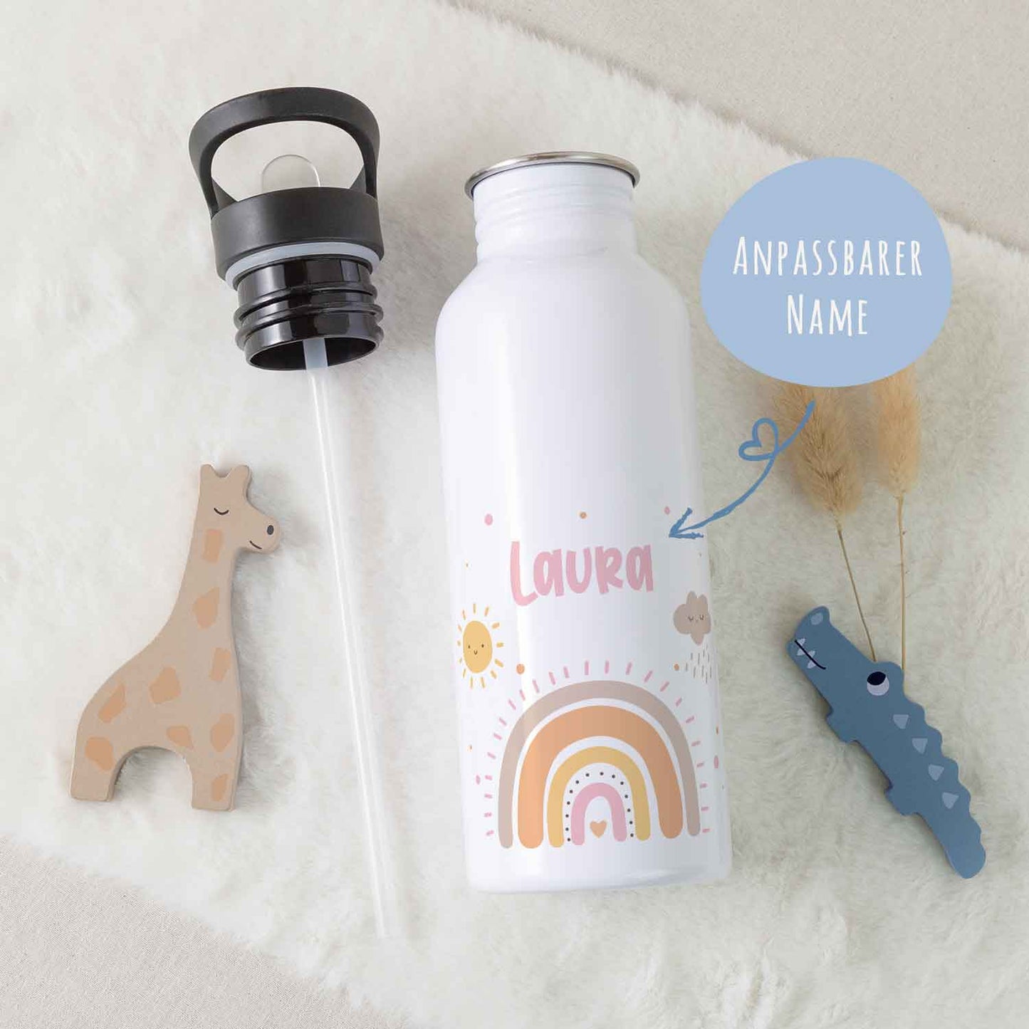 Bedruckte Trinkflasche aus Edelstahl - Regenbogen Pastell