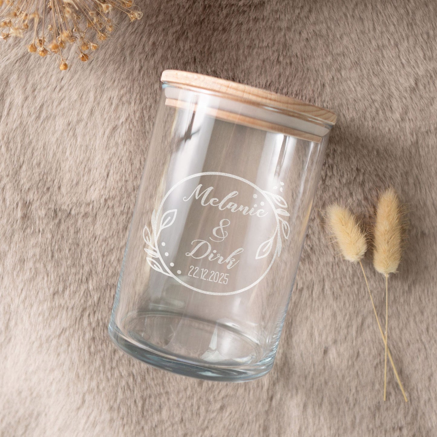 Graviertes Vorratsglas mit Holzdeckel - Zur Hochzeit