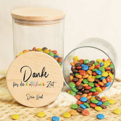 Bedrucktes Vorratsglas mit Holzdeckel - Danke für die kunterbunte Zeit