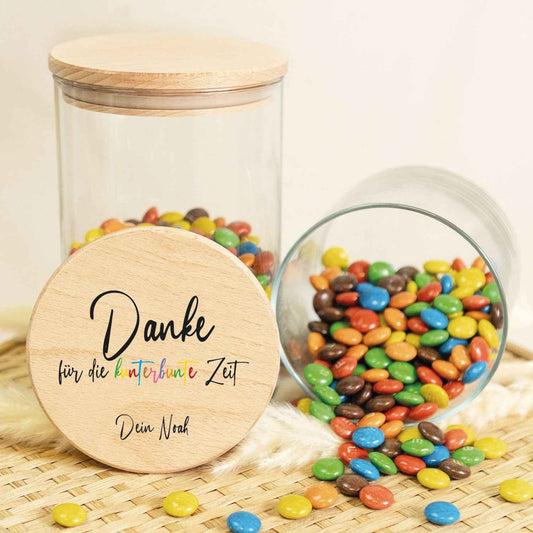 Bedrucktes Vorratsglas mit Holzdeckel - Danke für die kunterbunte Zeit
