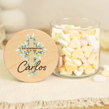 Bedrucktes Vorratsglas mit Holzdeckel - Konfirmation Kreuz