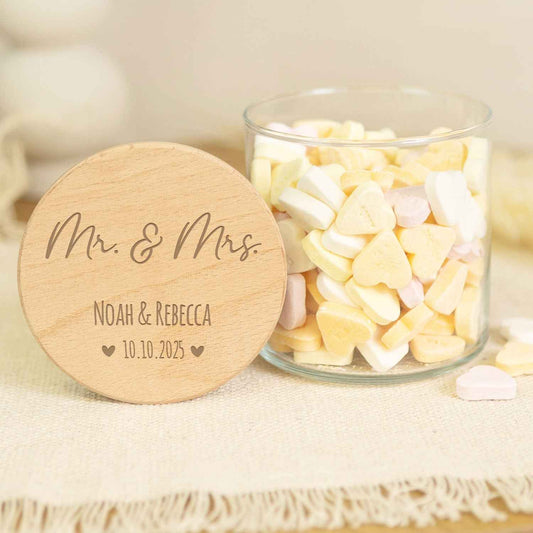 Graviertes Vorratsglas mit Holzdeckel - Mr & Mrs