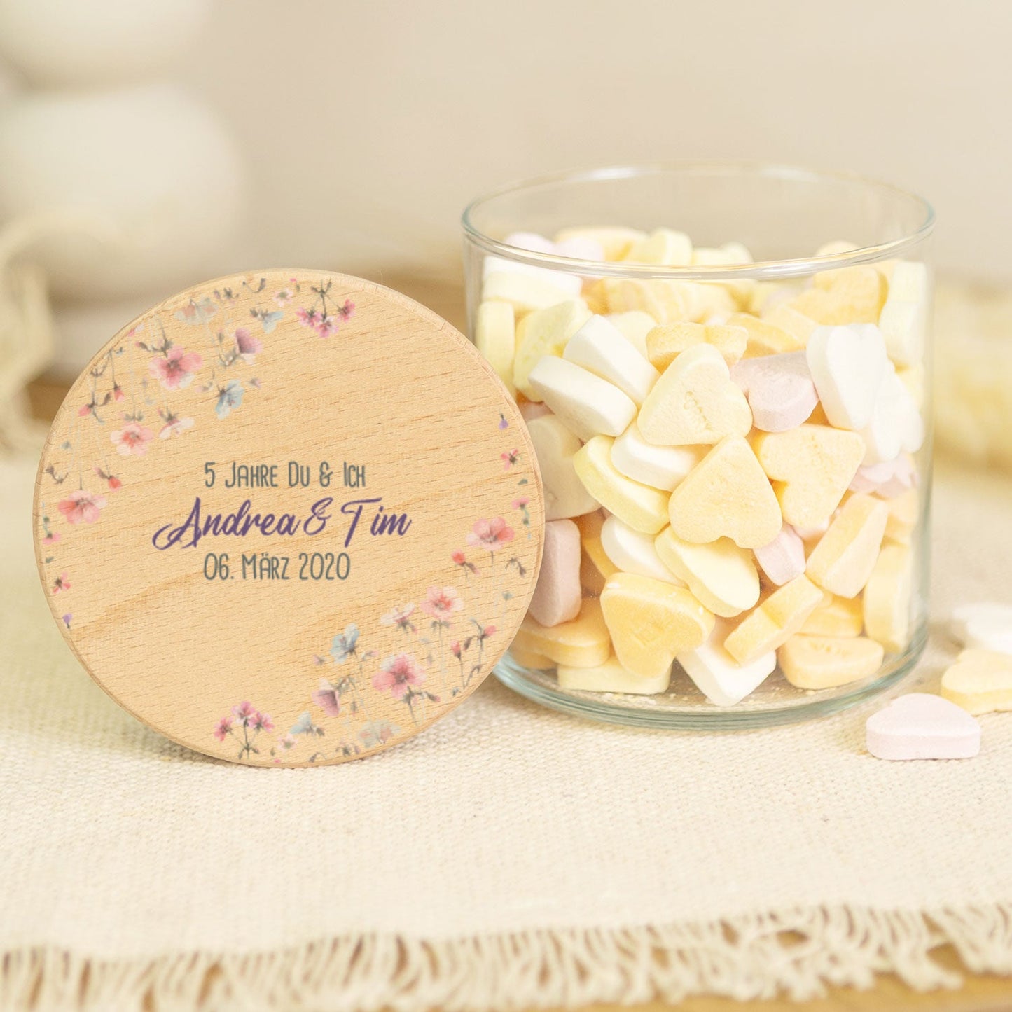 Bedrucktes Vorratsglas mit Holzdeckel - Pastell Flowers