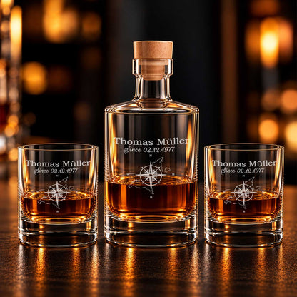 Leonardo Whiskygläser mit Gravur - "Kompass" im Set mit 0,5l Karaffe