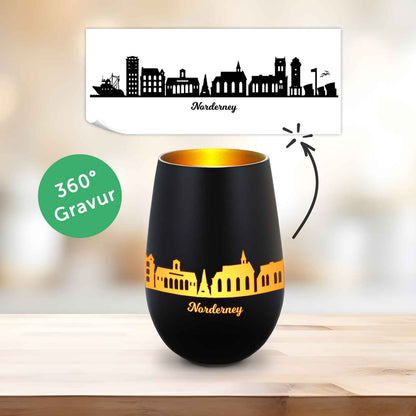 Deko Windlicht aus Glas mit Gravur - Skyline Norderney