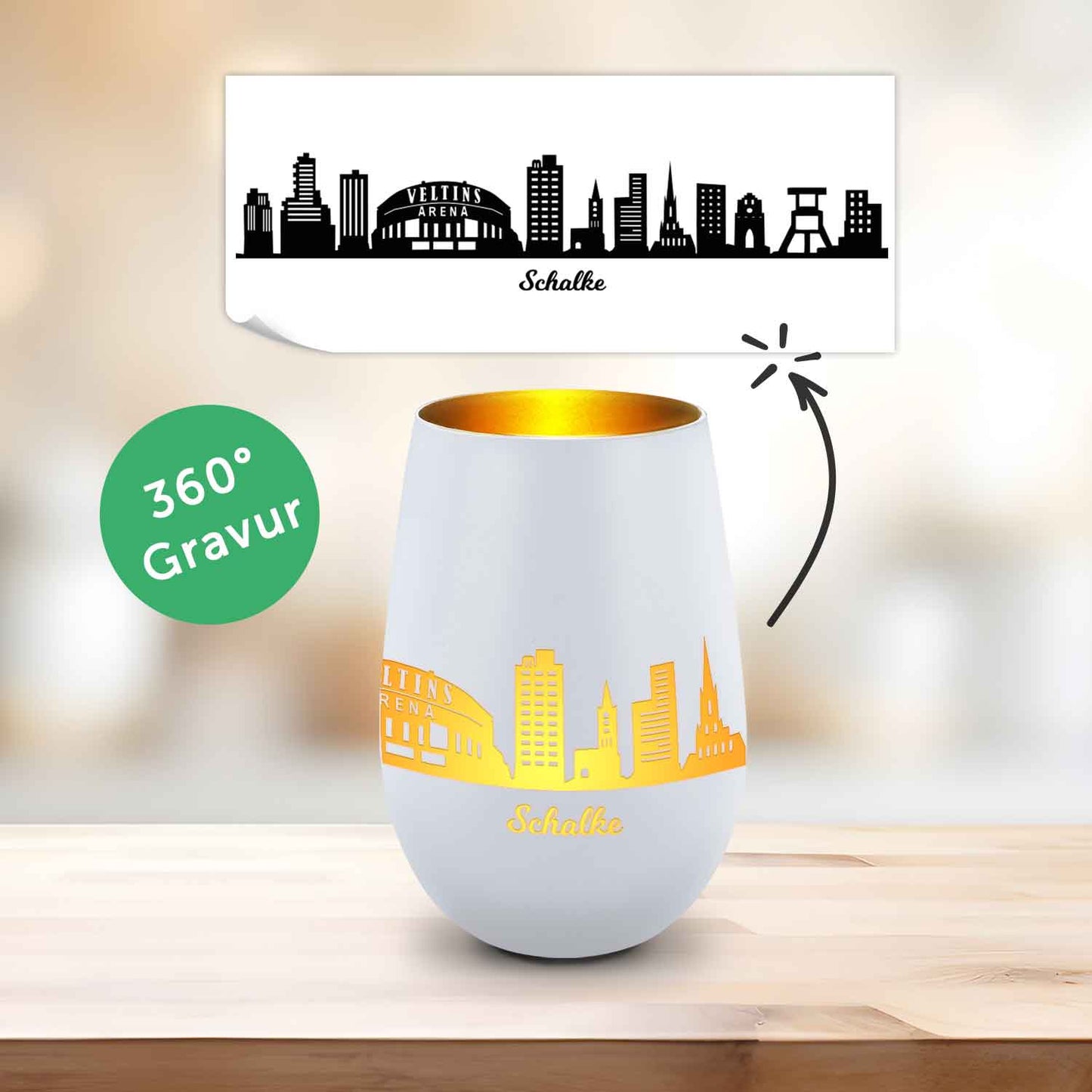 Deko Windlicht aus Glas mit Gravur - Skyline Schalke