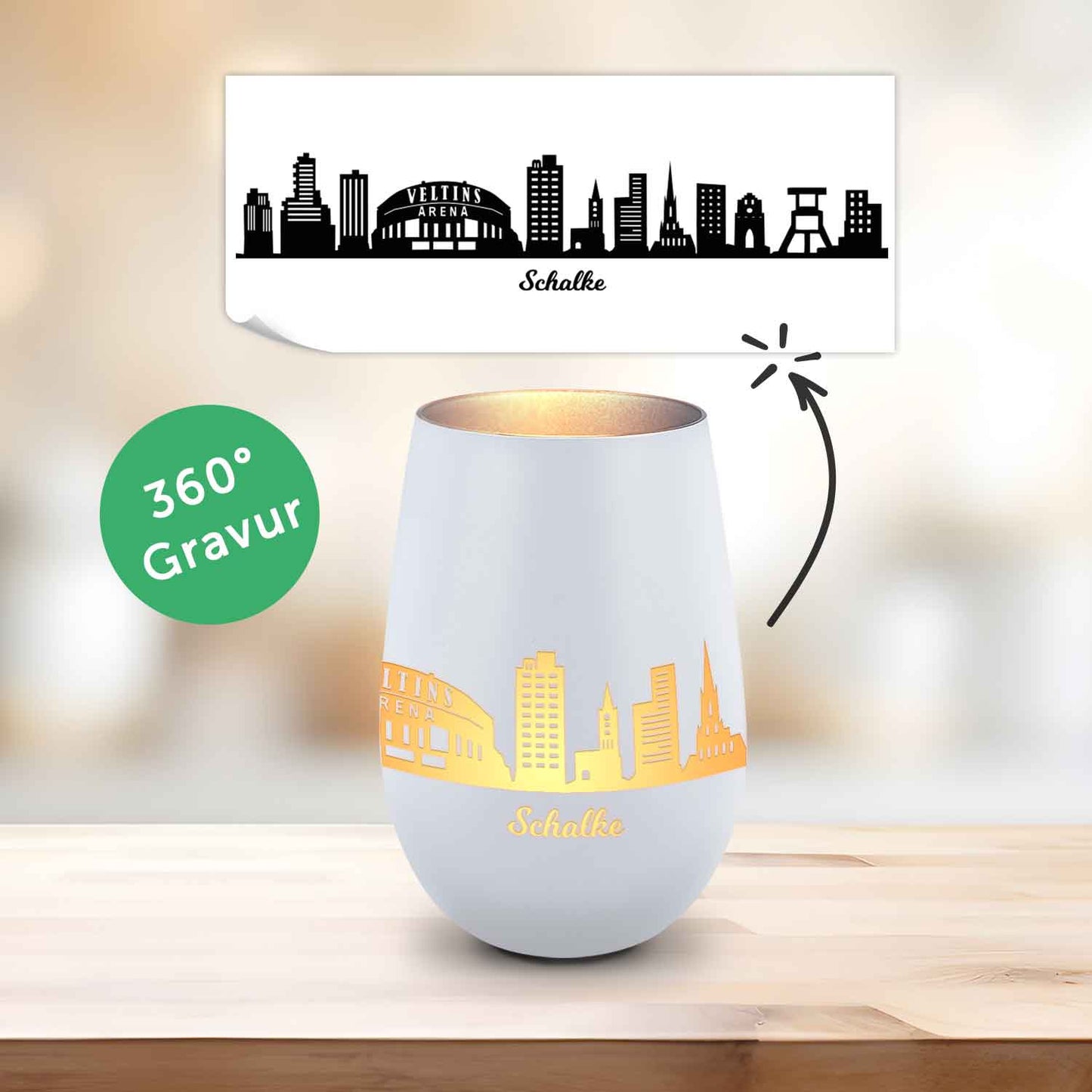 Deko Windlicht aus Glas mit Gravur - Skyline Schalke