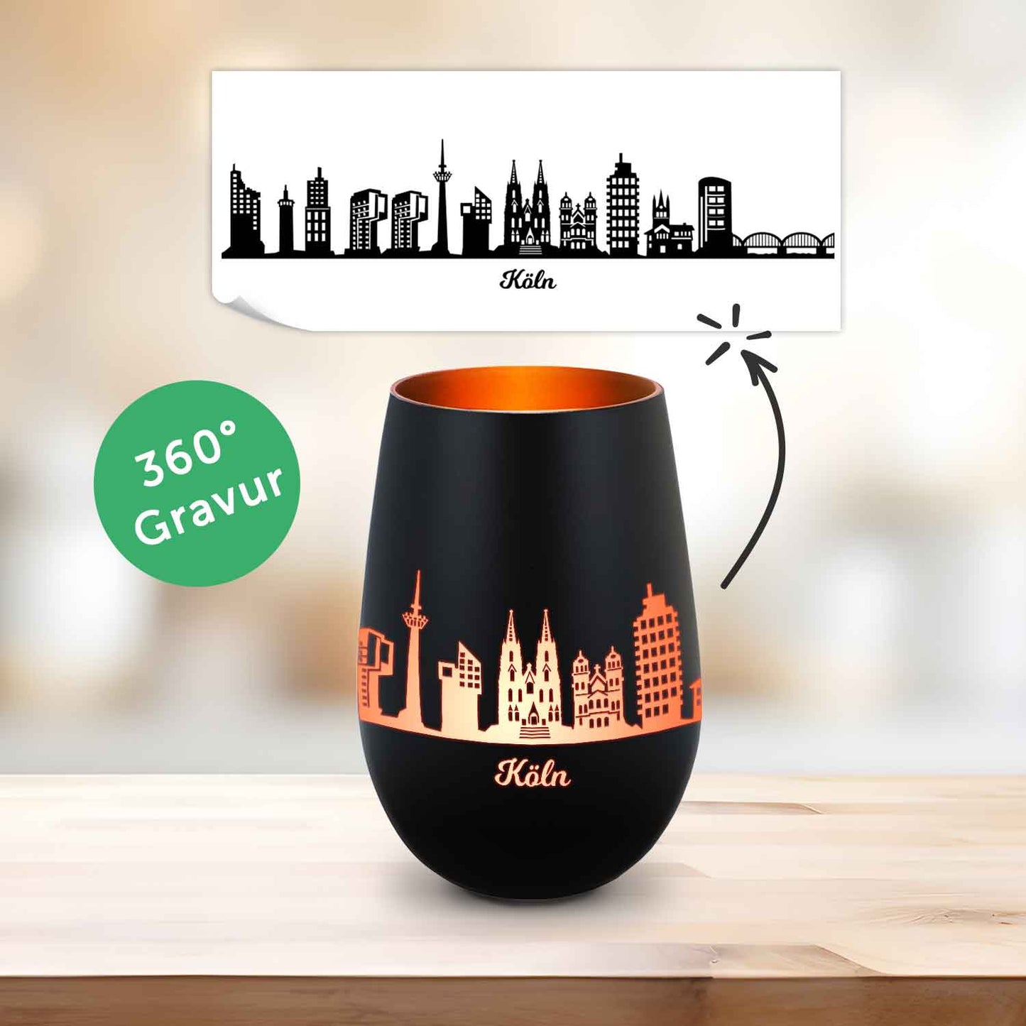 Deko Windlicht aus Glas mit Gravur - Skyline Köln