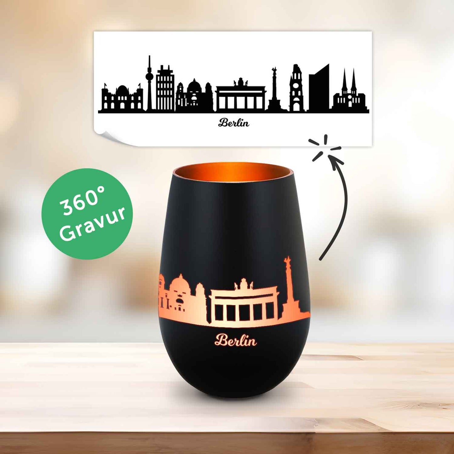 Deko Windlicht aus Glas mit Gravur - Skyline Berlin