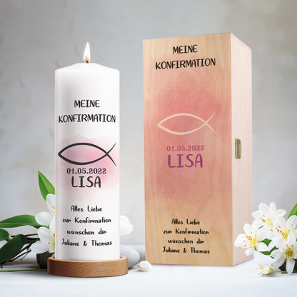 Bedruckte große Kerze "Konfirmation/Kommunion Fisch" mit Namen