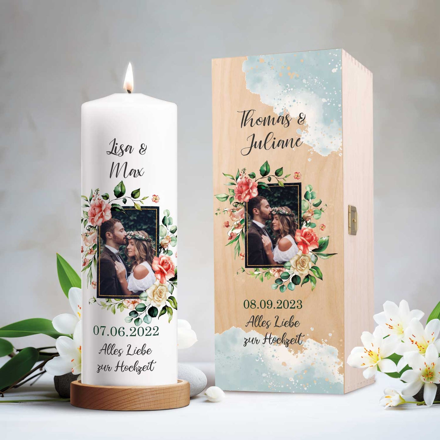 Große Kerze - "Hochzeitsfoto" - Hochzeitskerze mit Foto, Namen, Datum & Wunschtext