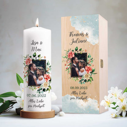 Große Kerze - "Hochzeitsfoto" - Hochzeitskerze mit Foto, Namen, Datum & Wunschtext