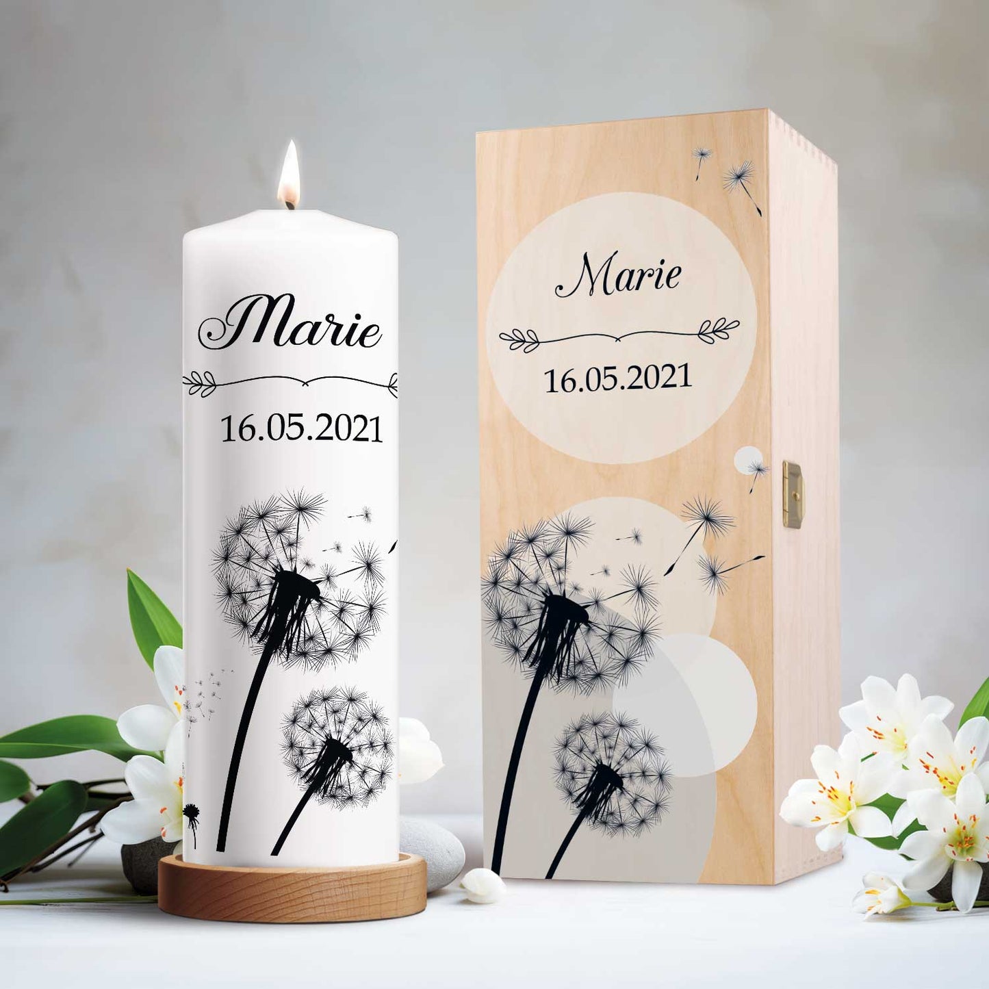 Große Kerze "Pusteblume" - Trauerkerze mit Namen & Datum