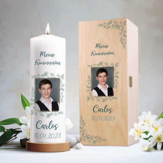 Große Kerze "Konfirmation, Kommunion & Taufe" mit Foto, Namen, Datum und Wunschtext