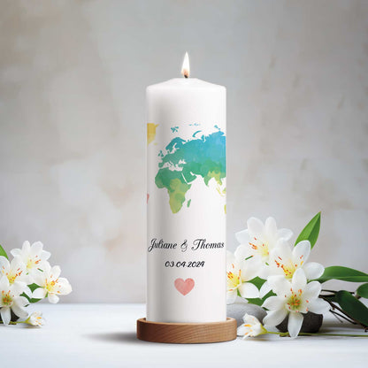 Große Kerze "Weltkarte" Hochzeitskerze mit Namen, Datum und Wunschtext