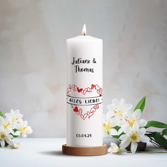 Große Kerze "Alles Liebe" - Hochzeitskerze mit Namen, Datum & Wunschtext