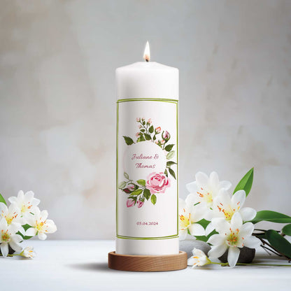 Große Kerze "Green Flower" - Hochzeitskerze mit Namen, Datum & Wunschtext