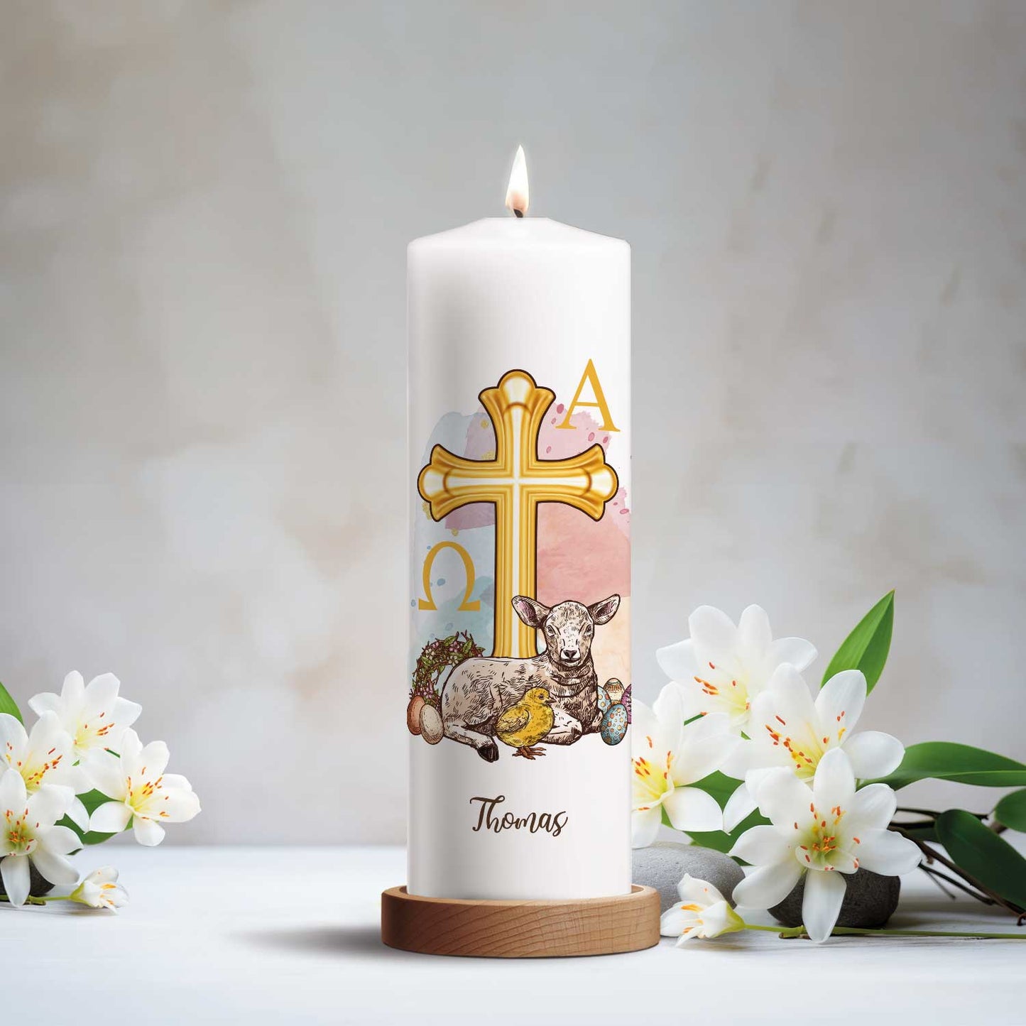Große Kerze "Osterlamm" mit Namen zu Ostern