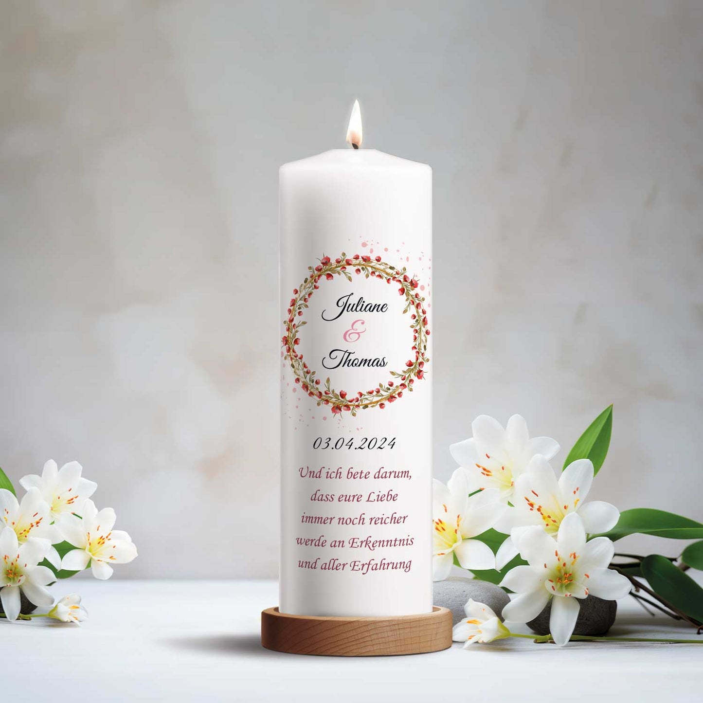 Große Kerze "Roter Mohn" - Hochzeitskerze mit Namen, Datum und Wunschtext