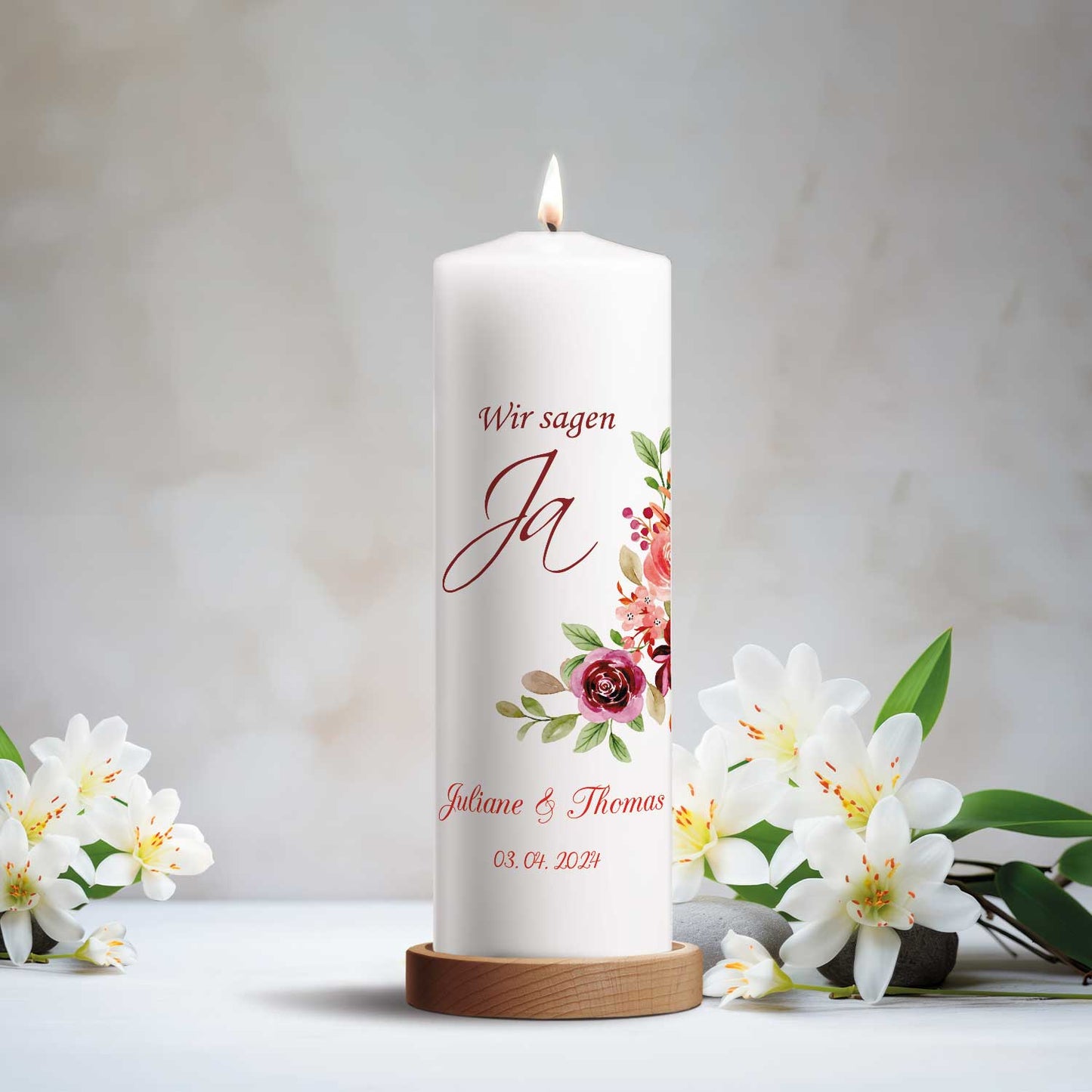 Große Kerze "Wir sagen Ja" - Hochzeitskerze mit Namen, Datum und Wunschtext