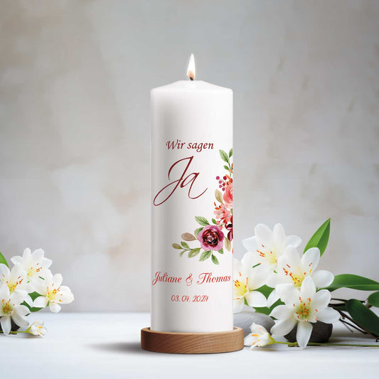 Große Kerze "Wir sagen Ja" - Hochzeitskerze mit Namen, Datum und Wunschtext