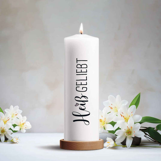 Bedruckte große Kerze "Heißgeliebt" - Paarkerze zum Valentinstag