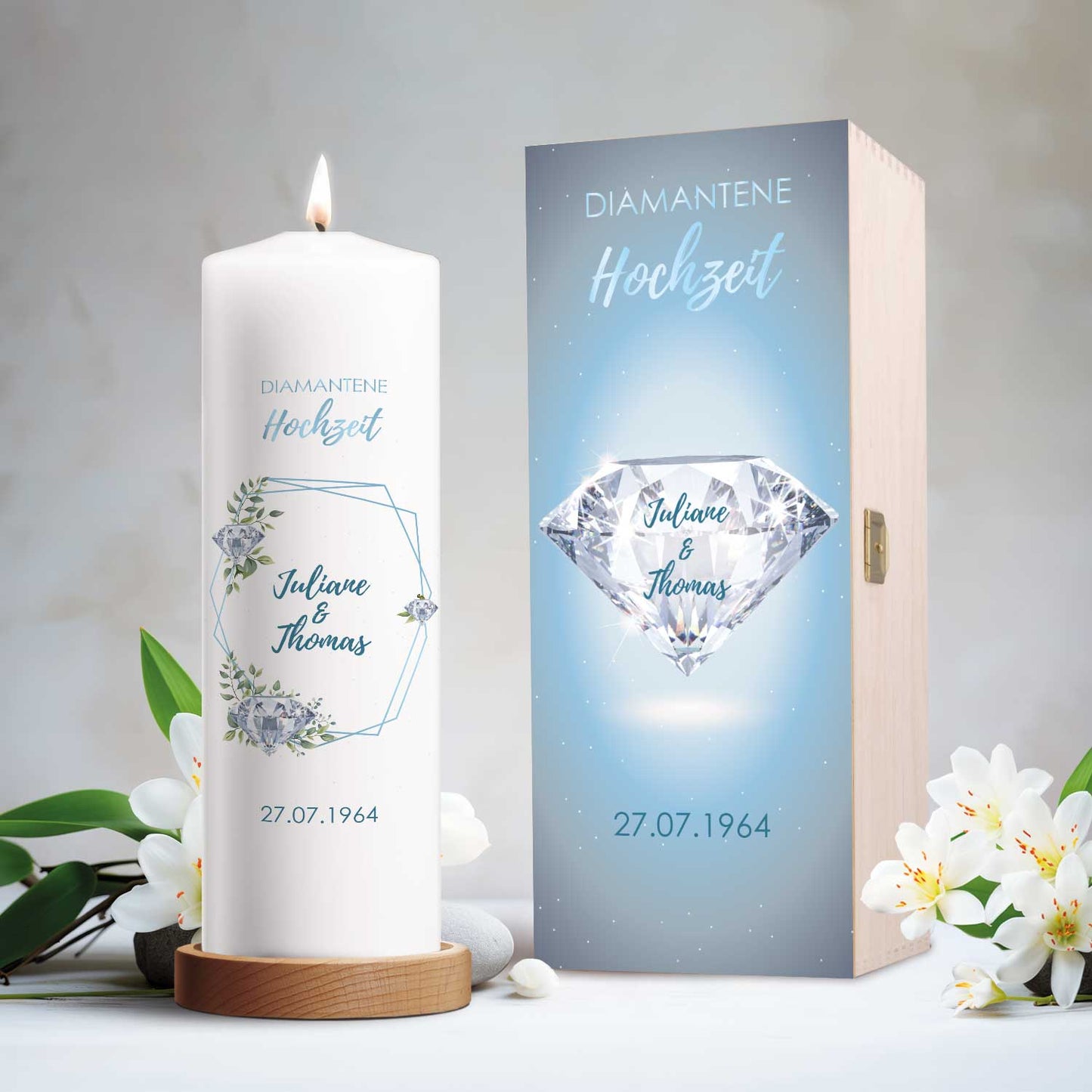 Große Kerze "Diamanthochzeit" - Hochzeitskerze mit Namen, Datum & Wunschtext