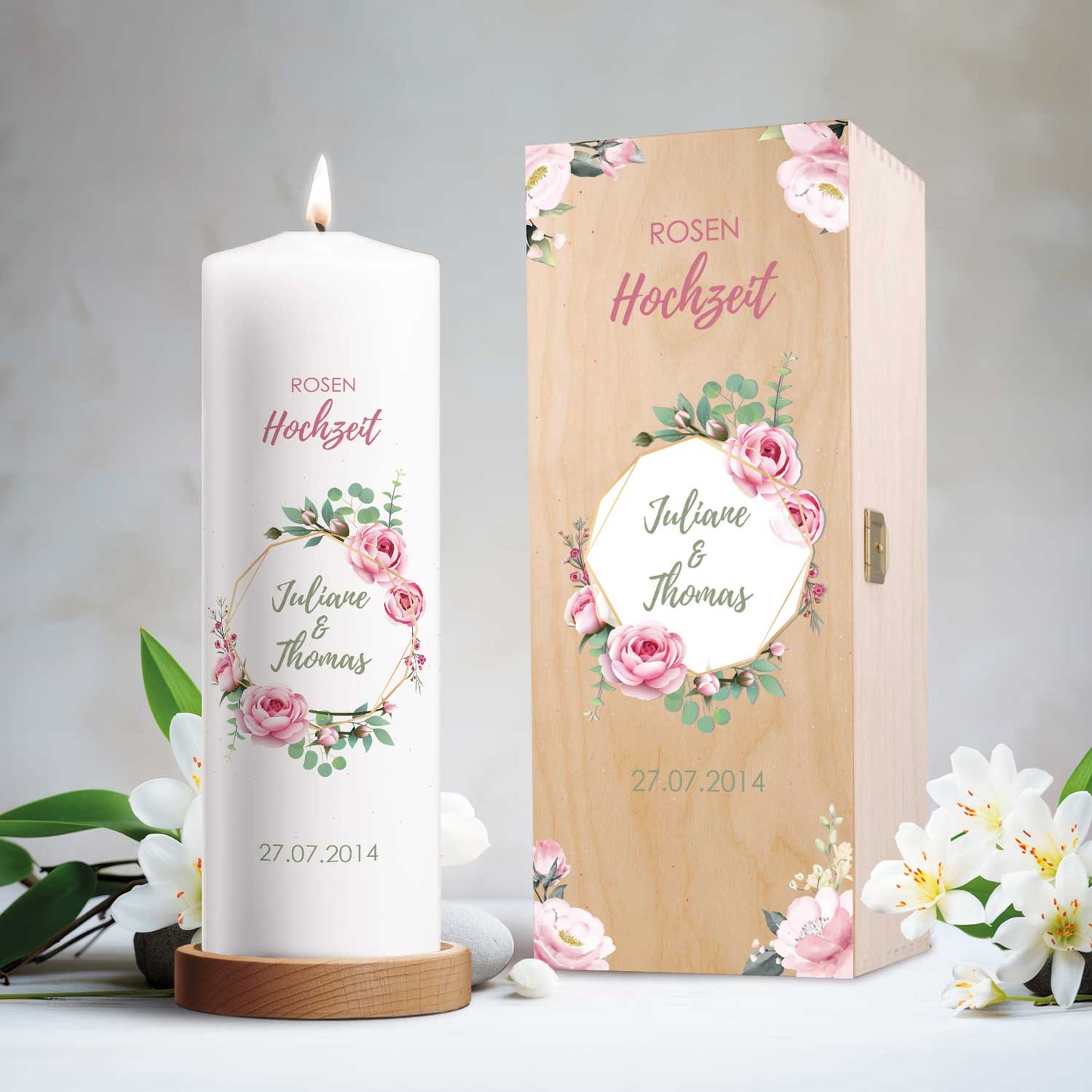 Große Kerze "Rosenhochzeit" - Hochzeitskerze mit Namen, Datum & Wunschtext